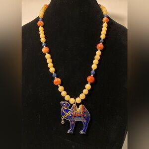 Cloisonne camel, coral, lapis necklace vintage 25"